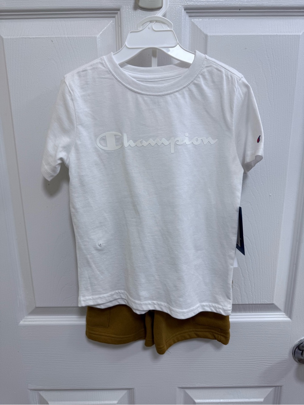 NWT Champion White T-Shirt and Tan Shorts Set, Size 5